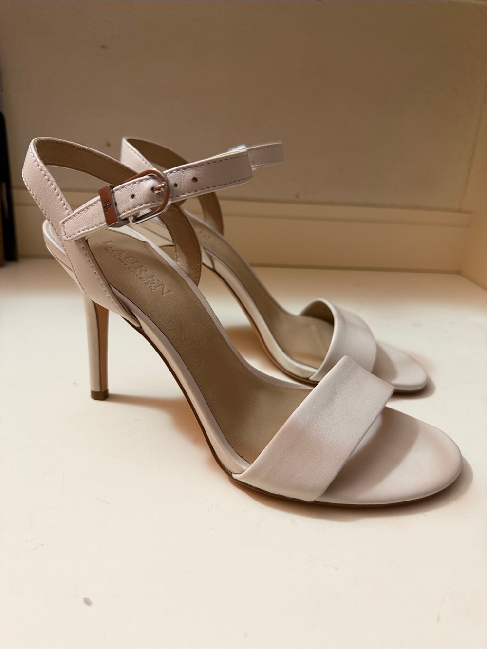 Lauren Ralph Lauren Off-White Leather Ankle-Strap High Heel Sandals